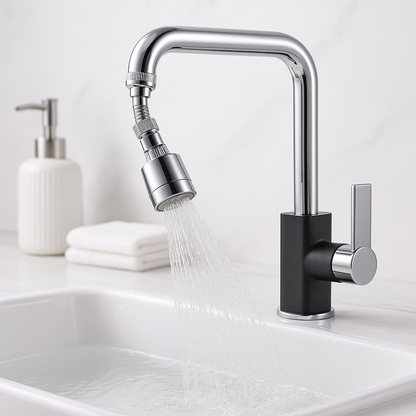 Universal rotating faucet splash guard filter with 360 degree swivel feature showing anti splash water flow technology