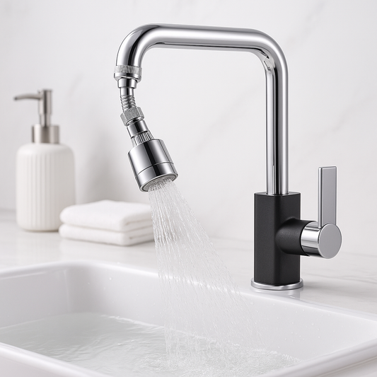 Universal rotating faucet splash guard filter with 360 degree swivel feature showing anti splash water flow technology