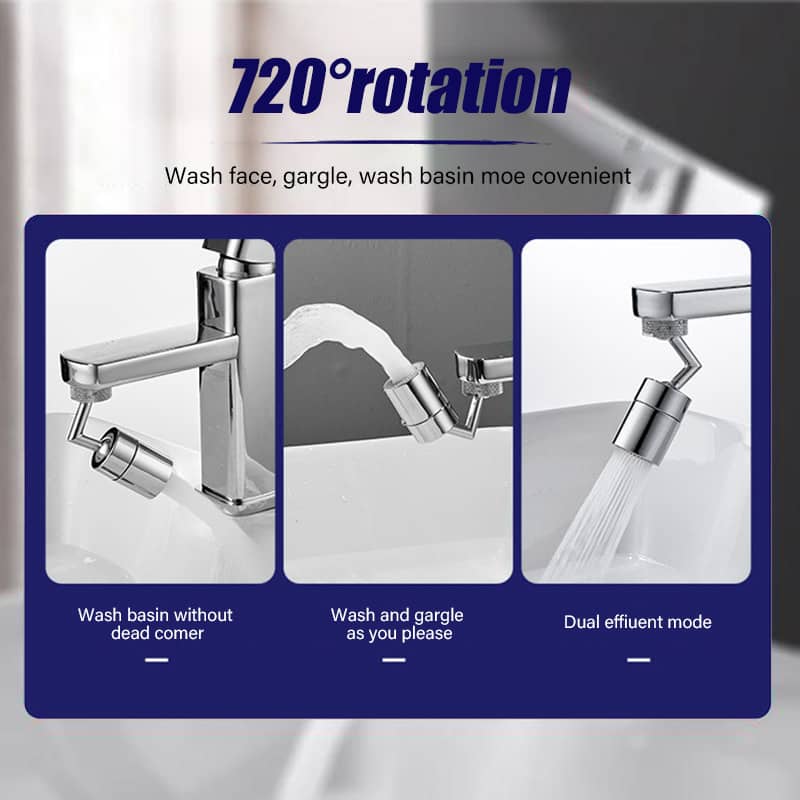 Universal rotating faucet splash guard filter on a black background with 720 degree rotation feature on a white background