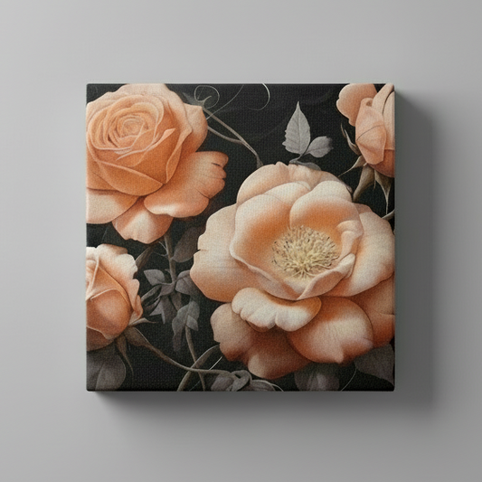 Vintage rose floral canvas wall art 12x12 inches with slim profile and ready to hang mounts for bedroom living room home decor. Exclusive Design. Coral Roses - Showcase