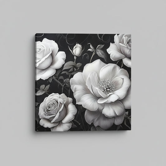 Vintage rose floral canvas wall art 12x12 inches with slim profile and ready to hang mounts for bedroom living room home decor. Exclusive Design. White Roses - Showcase