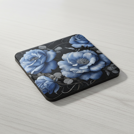Vintage rose floral coaster with cork backing, waterproof heat resistant drink coaster for coffee table protection, elegant home decor gift - Blue Roses Coaster - White Wood