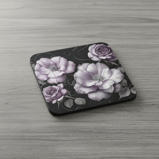 Vintage rose floral coaster with cork backing, waterproof heat resistant drink coaster for coffee table protection, elegant home decor gift - Lilac Roses Coaster - Grey Table