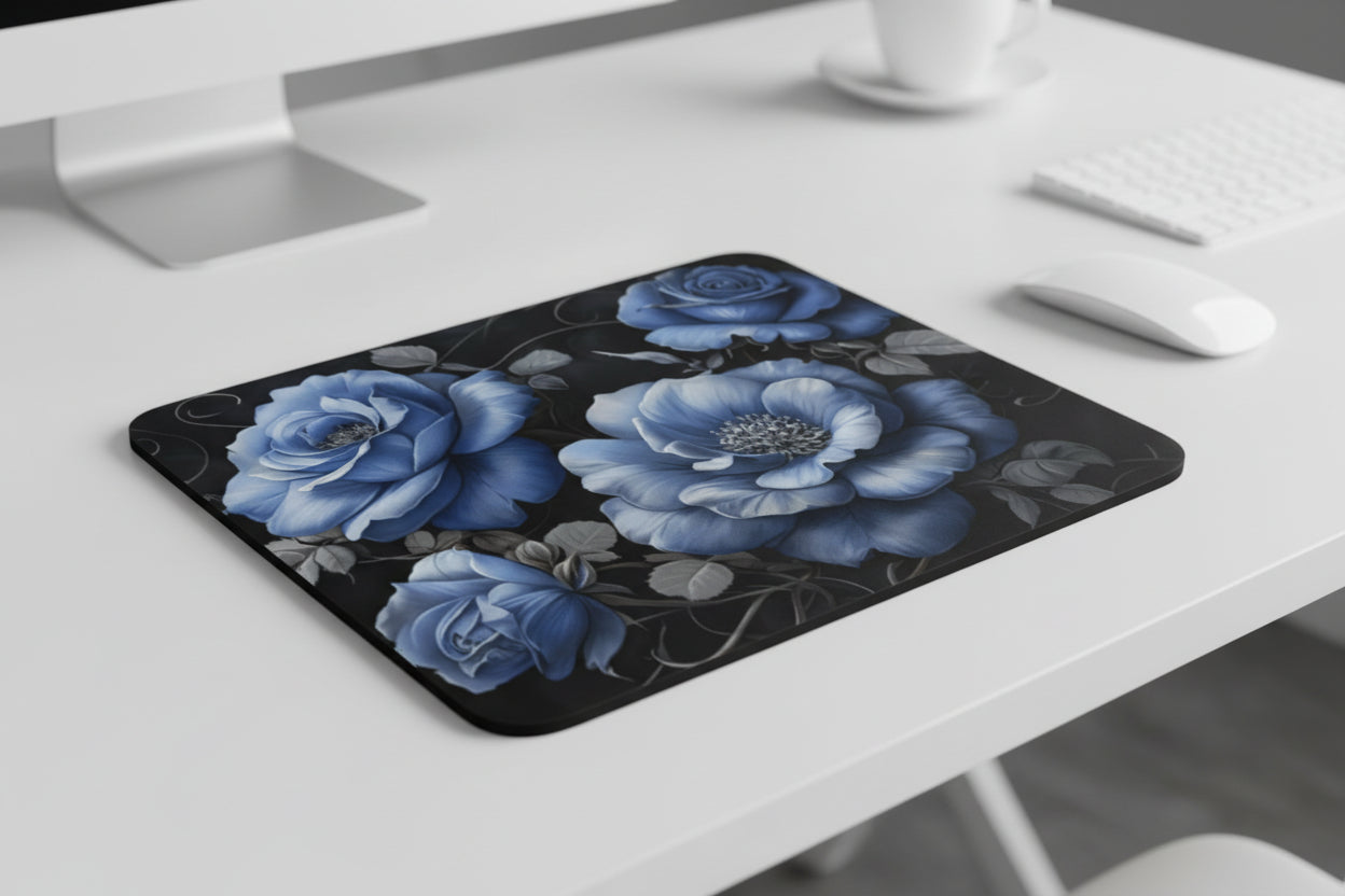Vintage rose mouse pad, exclusive floral design with non slip rubber base and soft polyester surface for smooth mouse control on office desk. Blue Roses - Office Desk