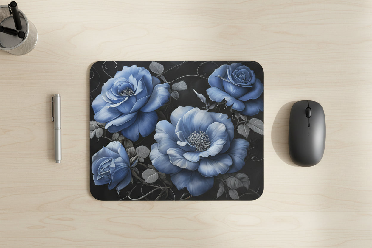 Vintage rose mouse pad, exclusive floral design with non slip rubber base and soft polyester surface for smooth mouse control on office desk. Blue Roses - Office Desk Top View