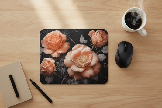 Vintage rose mouse pad, exclusive floral design with non slip rubber base and soft polyester surface for smooth mouse control on office desk. Coral Roses - Office Desk Top View