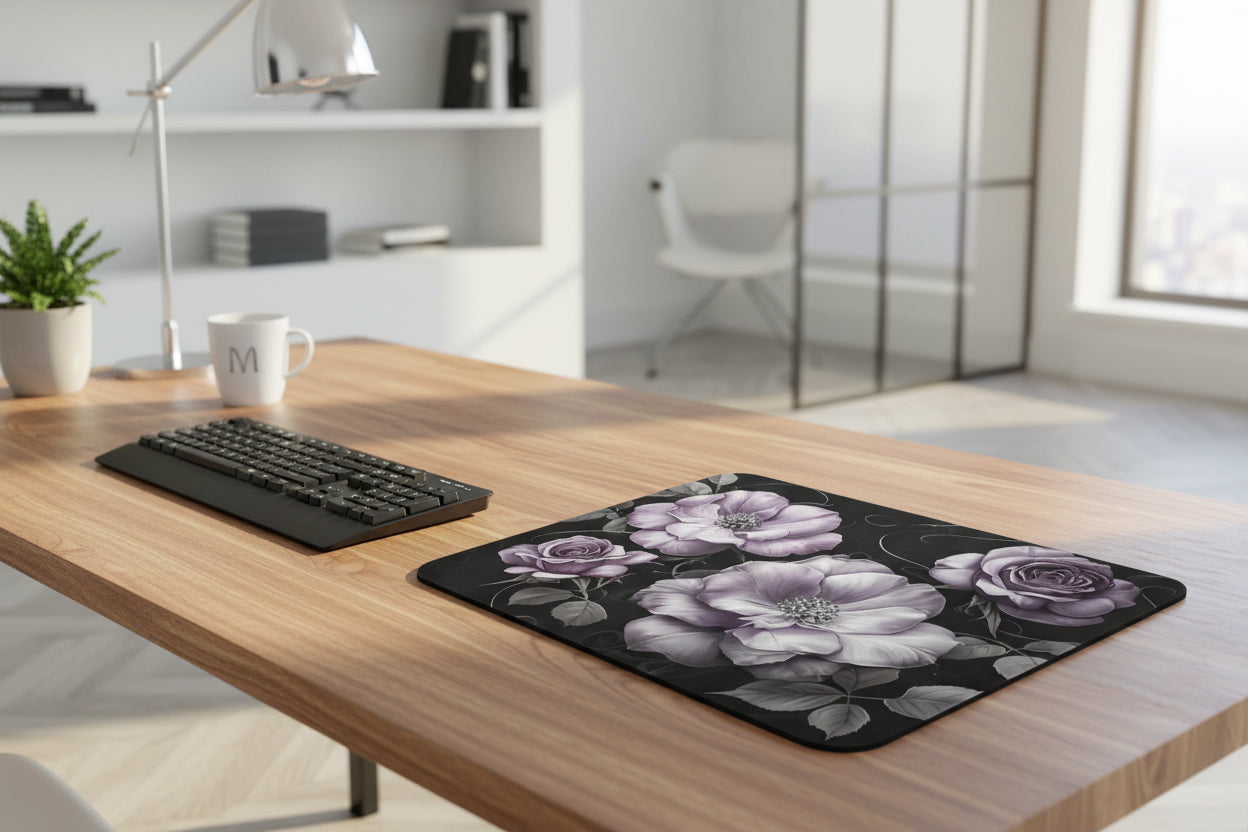 Vintage rose mouse pad, exclusive floral design with non slip rubber base and soft polyester surface for smooth mouse control on office desk. Lilac Roses