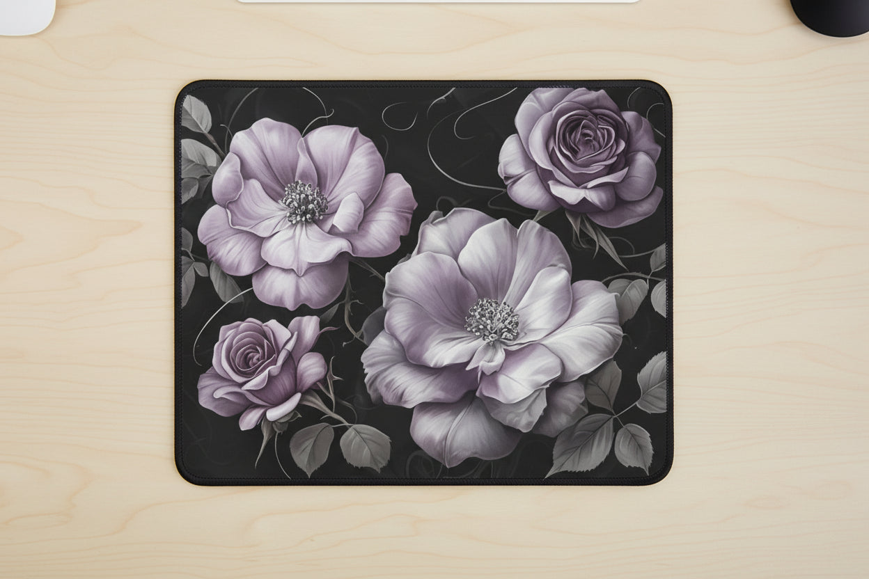 Vintage rose mouse pad, exclusive floral design with non slip rubber base and soft polyester surface for smooth mouse control on office desk. Lilac Roses - Office Desk Top View