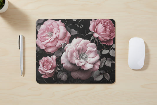 Vintage rose mouse pad, exclusive floral design with non slip rubber base and soft polyester surface for smooth mouse control on office desk. Pink Roses - Office Desk Top View