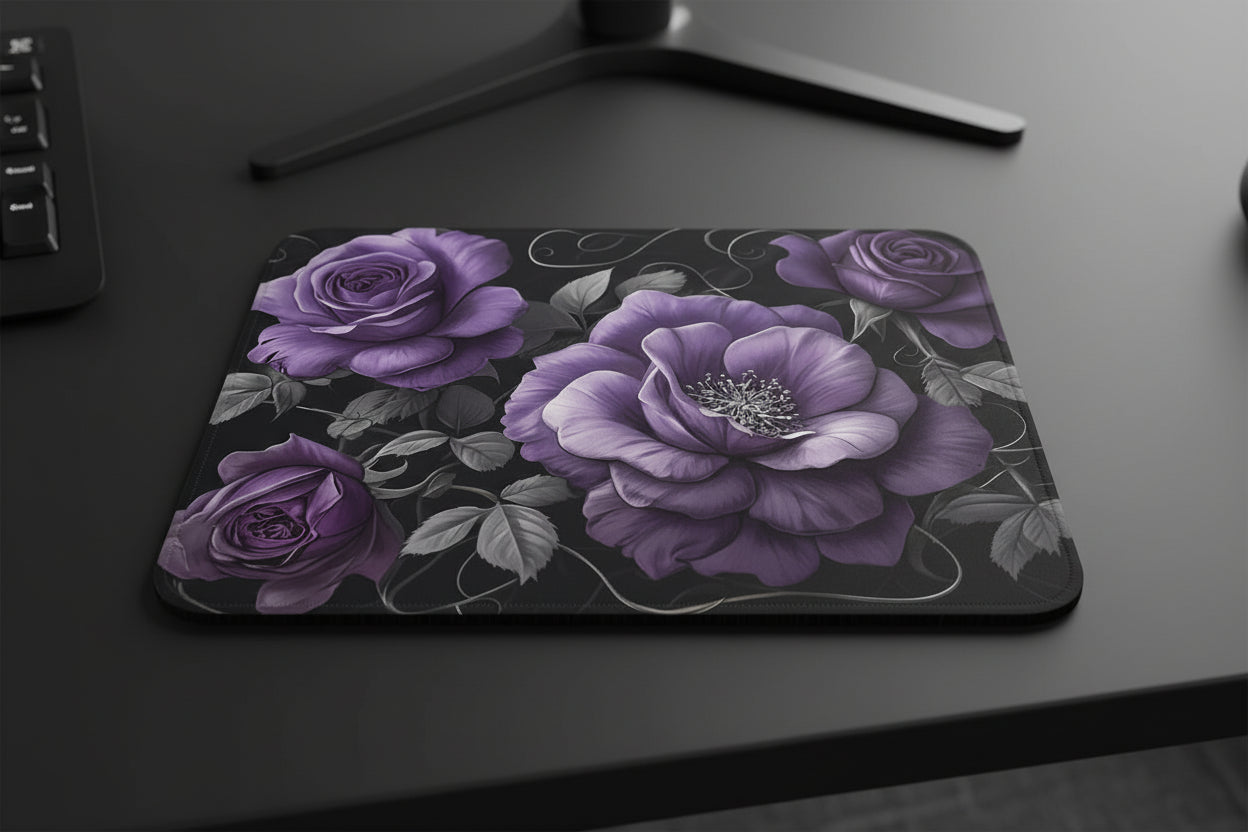 Vintage rose mouse pad, exclusive floral design with non slip rubber base and soft polyester surface for smooth mouse control on office desk. Purple Roses