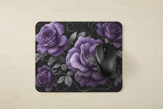 Vintage rose mouse pad, exclusive floral design with non slip rubber base and soft polyester surface for smooth mouse control on office desk. Purple Roses - Office Desk Top View