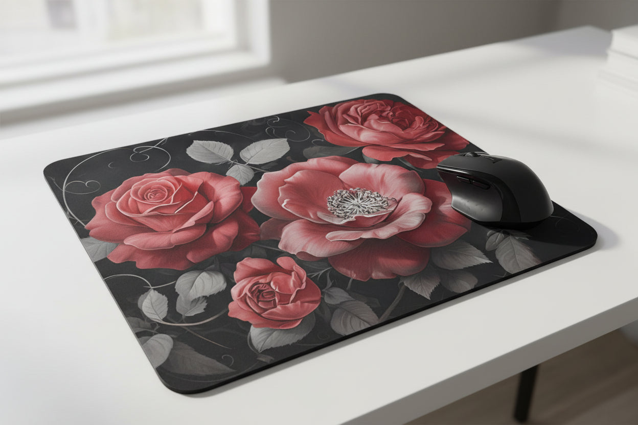 Vintage rose mouse pad, exclusive floral design with non slip rubber base and soft polyester surface for smooth mouse control on office desk. Red Roses