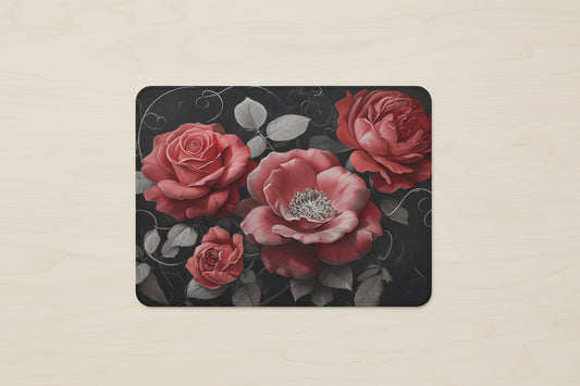 Vintage rose mouse pad, exclusive floral design with non slip rubber base and soft polyester surface for smooth mouse control on office desk. Red Roses - Office Desk Top View