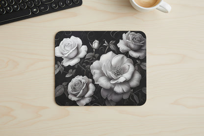 Vintage rose mouse pad, exclusive floral design with non slip rubber base and soft polyester surface for smooth mouse control on office desk. White Roses - Office Desk Top View