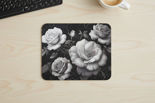 Vintage rose mouse pad, exclusive floral design with non slip rubber base and soft polyester surface for smooth mouse control on office desk. White Roses - Office Desk Top View