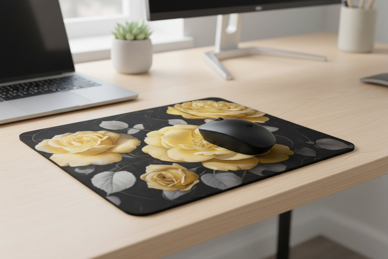 Vintage rose mouse pad, exclusive floral design with non slip rubber base and soft polyester surface for smooth mouse control on office desk. Yellow Roses - Office Desk