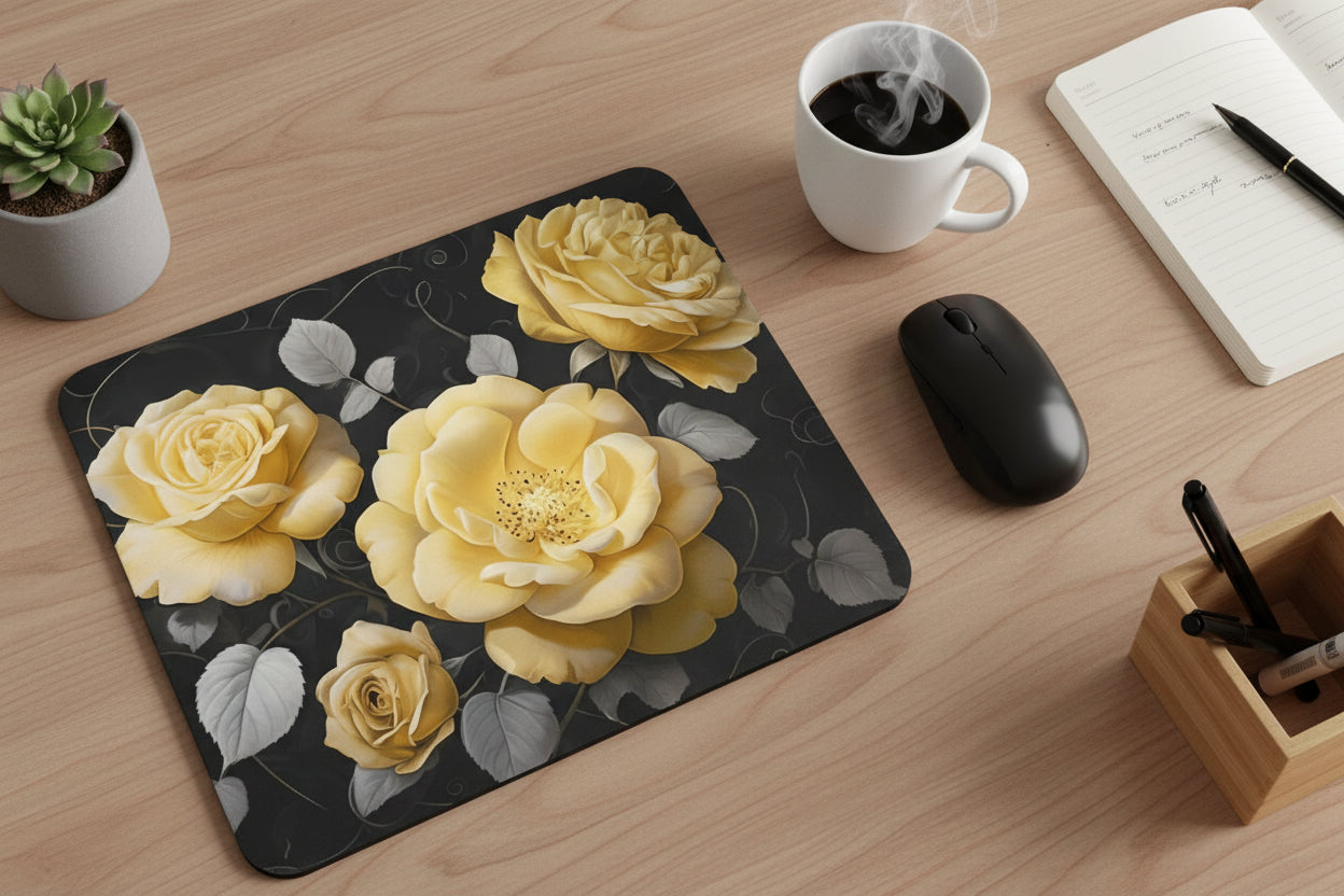 Vintage rose mouse pad, exclusive floral design with non slip rubber base and soft polyester surface for smooth mouse control on office desk. Yellow Roses - Office Desk Top View