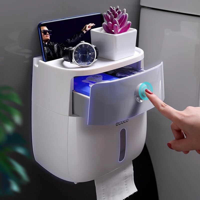Wall mounted waterproof toilet paper holder with storage drawer and phone stand showing organized bathroom accessories
