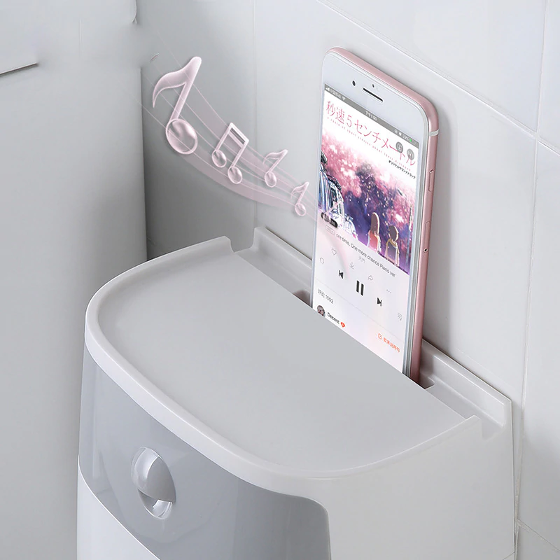 Wall mounted waterproof toilet paper holder with storage drawer showcasing phone holder
