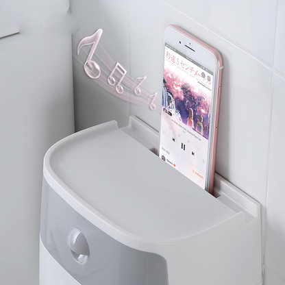 Wall mounted waterproof toilet paper holder with storage drawer showcasing phone holder