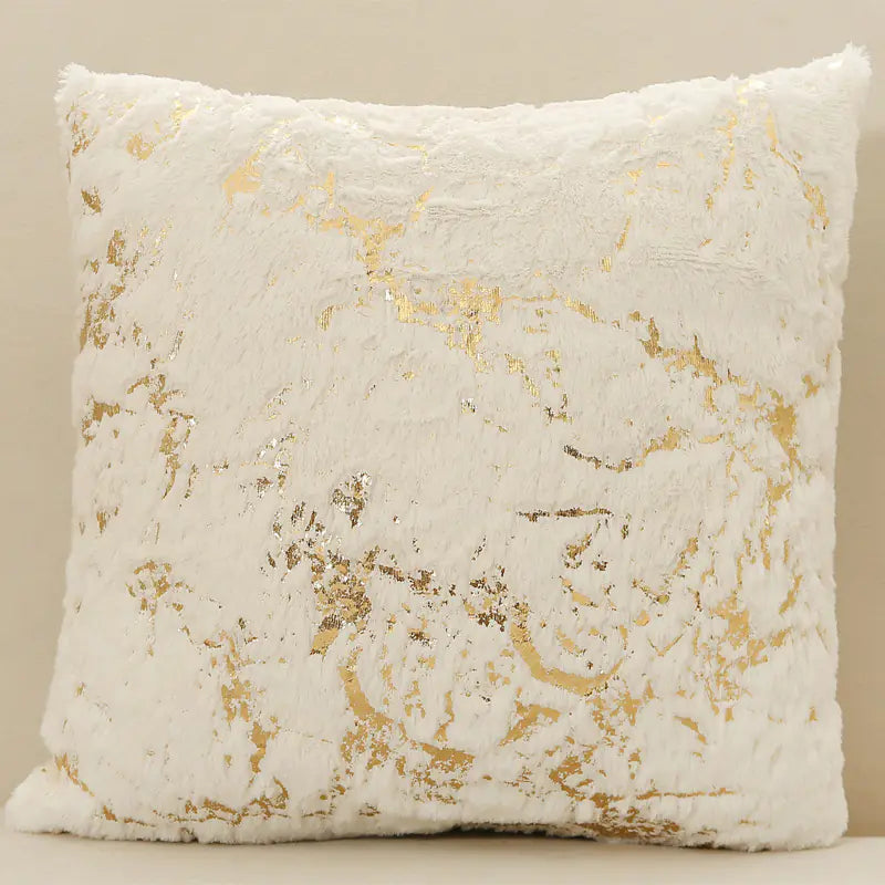White Luxury plush velvet cushion cover with gold trim detail for sofa and living room decor A