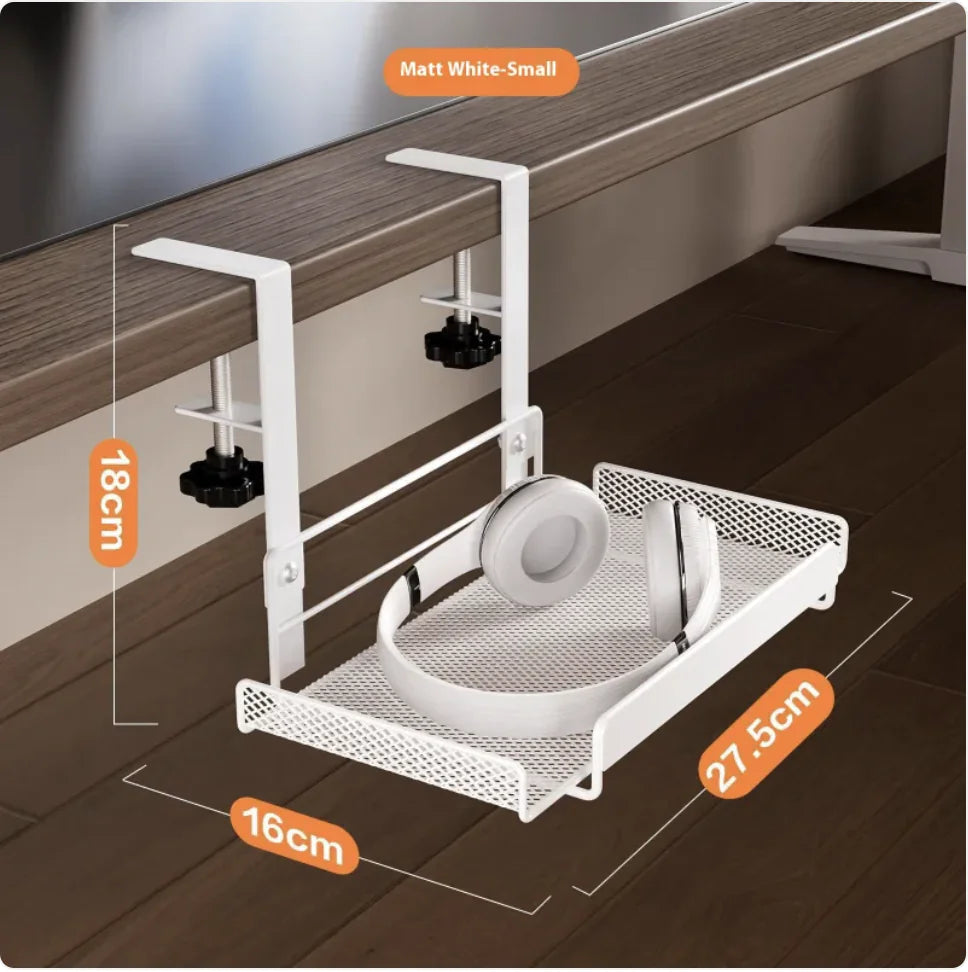 White under desk cable management tray with measurements on a wooden desk.