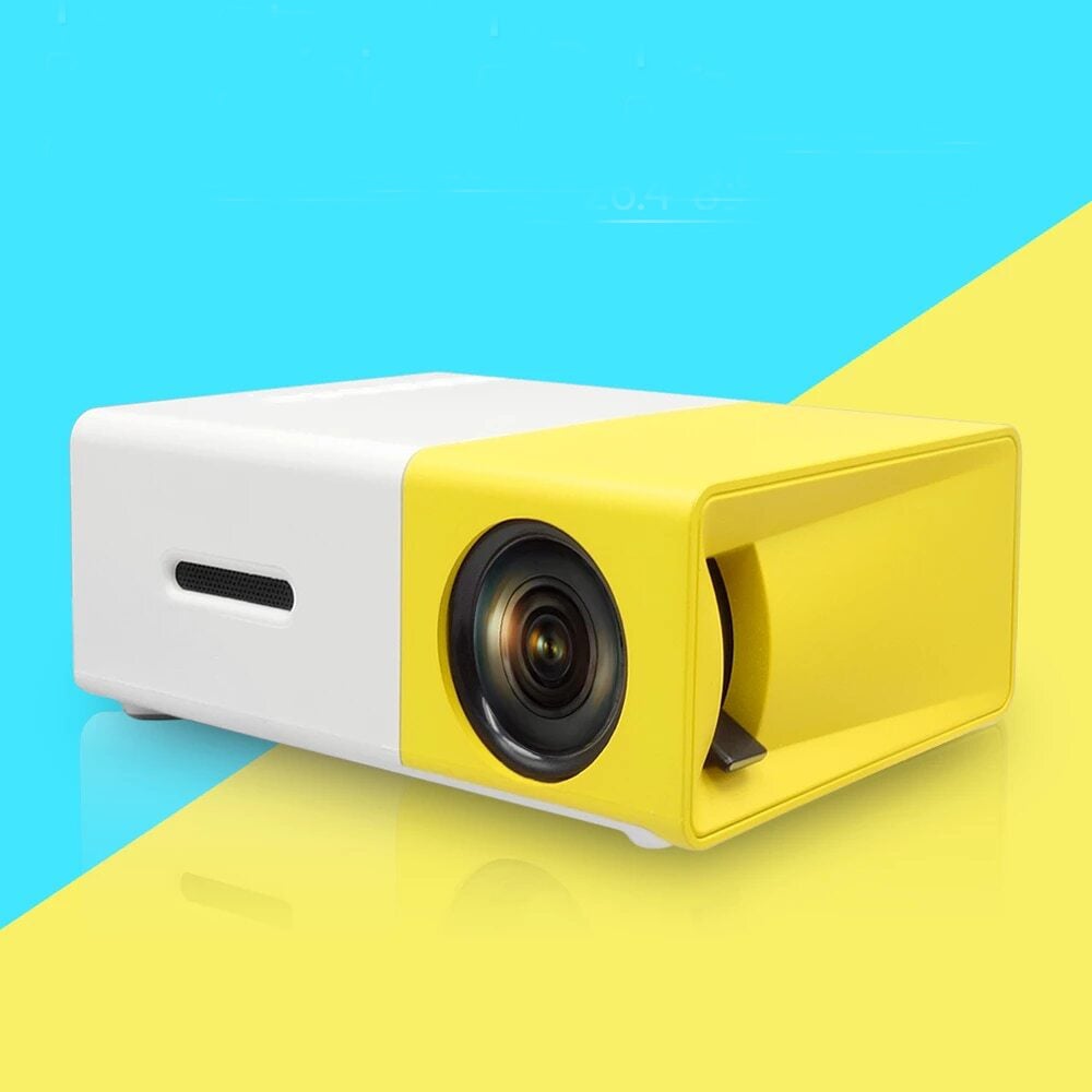 Yellow and white projector on a blue and yellow background
