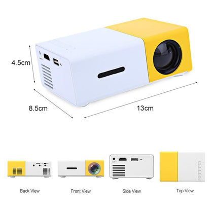 Yellow and white projector with dimensions and views shown