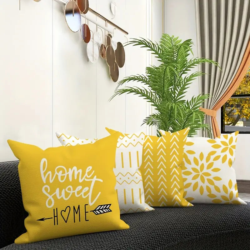 Yellow linen geometric pattern decorative pillow covers 18x18 inches for sofa couch bed modern home decor 2