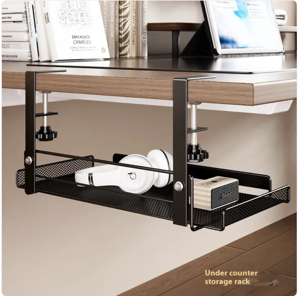Black carbon steel under desk storage rack mounted beneath wooden desk capable of organizing cables and office supplies without drilling
