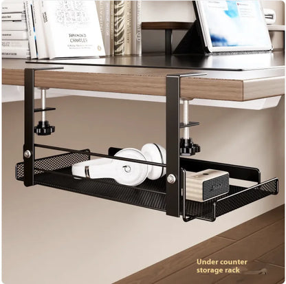 Black carbon steel under desk storage rack mounted beneath wooden desk capable of organizing cables and office supplies without drilling