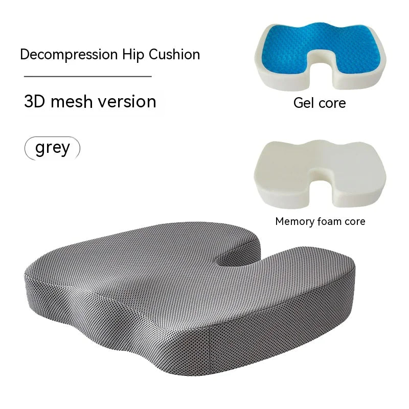 Grey mesh Ergonomic memory foam office chair cushion with modern design providing lumbar and hip support for comfortable extended sitting. Decompression hip cushion with gel and memory foam cores on a white background