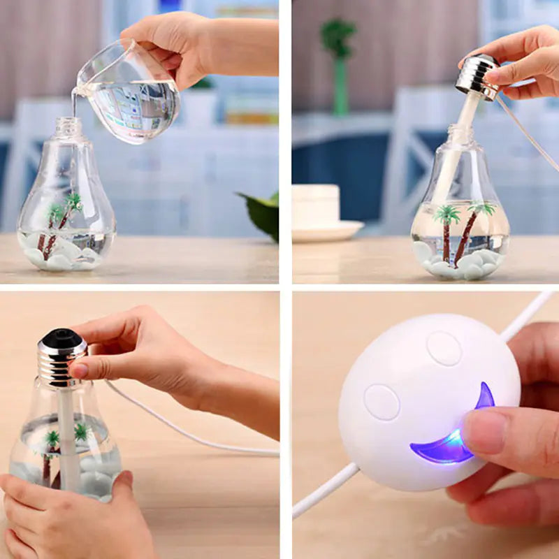 Step by step process of using a light bulb shaped humidifier with a smiley face control.