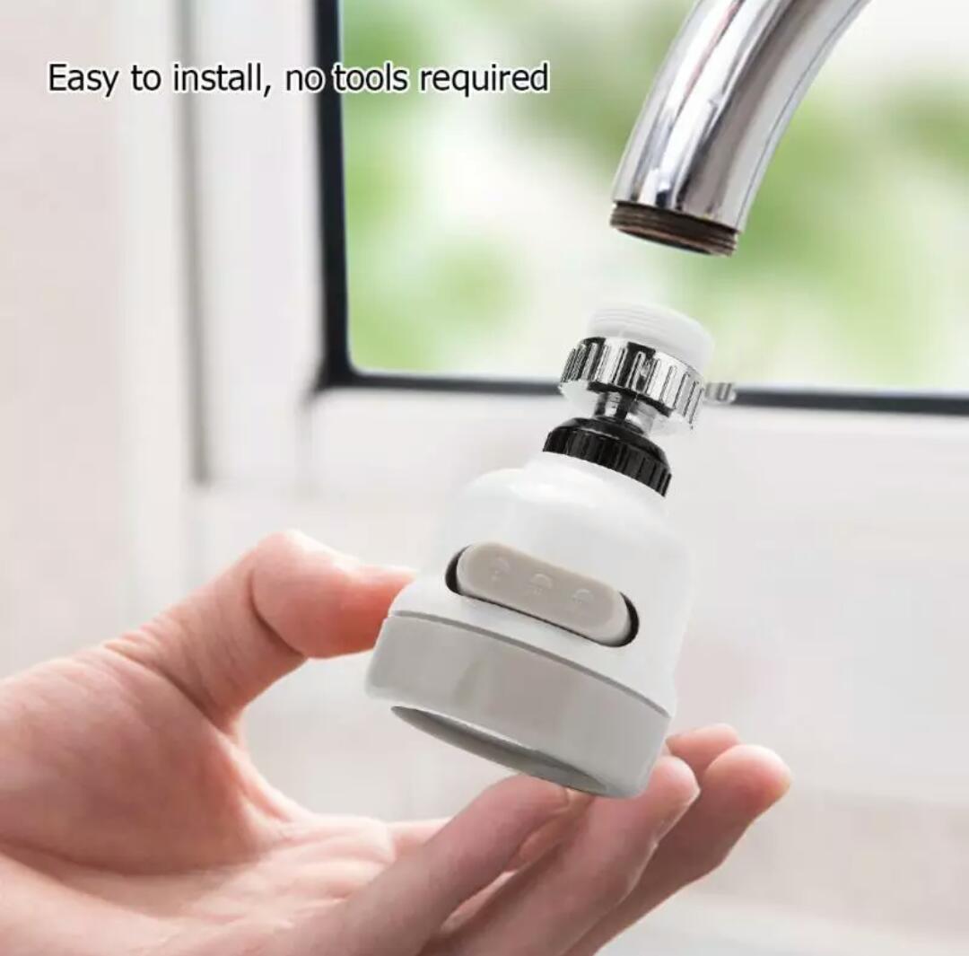 Hand holding a white kitchen faucet filter with text 'Easy to install, no tools required' above it.