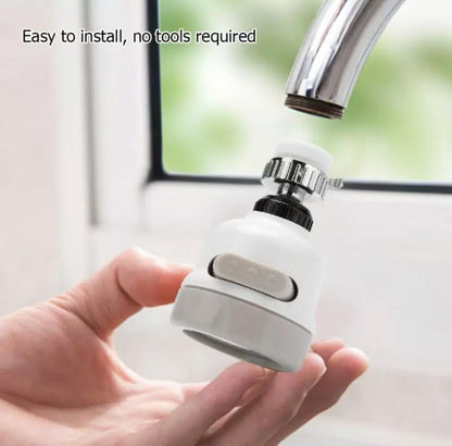 Hand holding a white kitchen faucet filter with text 'Easy to install, no tools required' above it.
